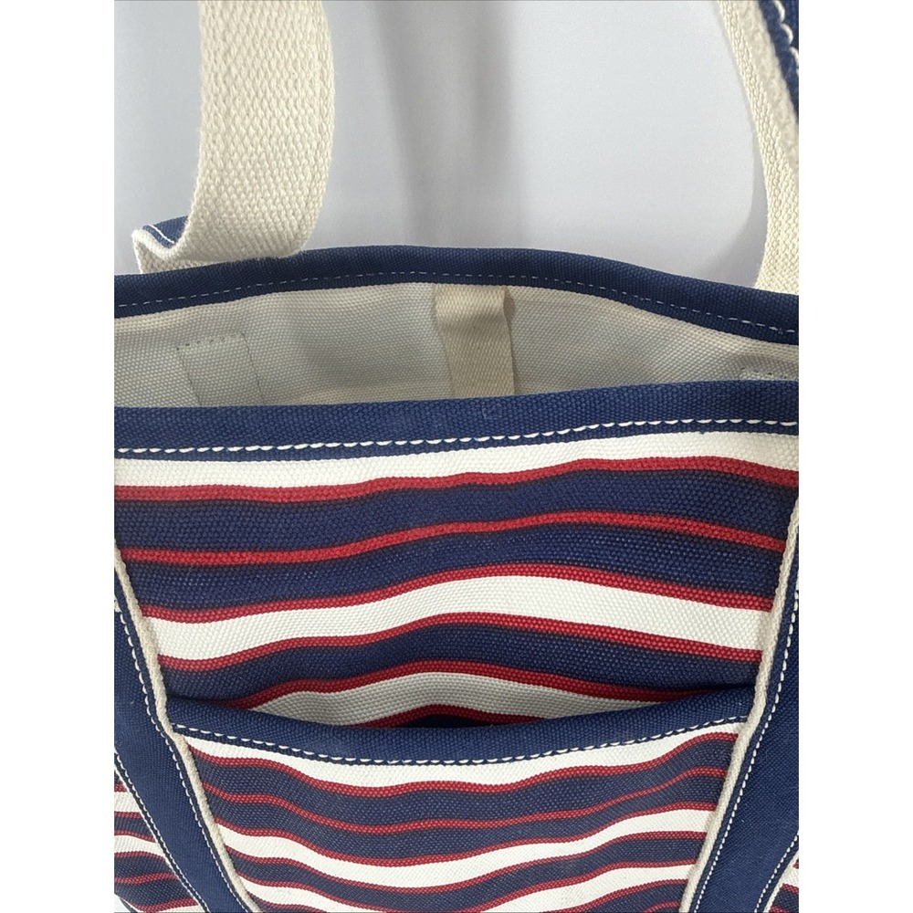 Lands End Canvas Tote Bag Navy Blue Red White Striped Nautical Large Beach Bag - Picture 3 of 10